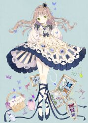 Rule 34 | 1girl, absurdres, bow, brown hair, bug, butterfly, collar, crossed legs, crown, detached collar, dress, footwear ribbon, frilled collar, frilled dress, frills, full body, hands up, highres, insect, kotamun, lolita fashion, long hair, long sleeves, mini crown, original, print dress, puffy sleeves, ribbon, shoes, standing, tiptoes, yellow eyes