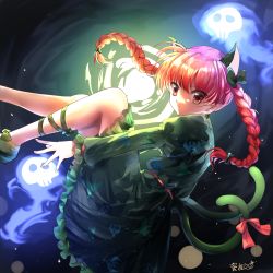 Rule 34 | 1girl, absurdres, animal ears, artist name, black bow, black footwear, bow, braid, cat ears, cat tail, dark background, dress, extra ears, fetal position, ghost, green dress, highres, hitodama, kaenbyou rin, leg ribbon, legs, mary janes, mikan (user zsyg8485), multiple tails, pointy ears, puffy sleeves, red eyes, red hair, ribbon, shoes, skull, slit pupils, solo, tail, tail bow, tail ornament, touhou, twin braids, two tails