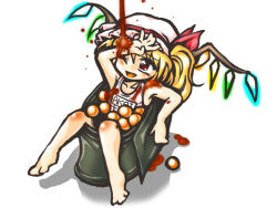 Rule 34 | 1girl, barefoot, blonde hair, female focus, flandre scarlet, food, mini person, minigirl, one-piece swimsuit, red eyes, school swimsuit, solo, sushi, swimsuit, touhou, white background, white one-piece swimsuit, white school swimsuit, winn