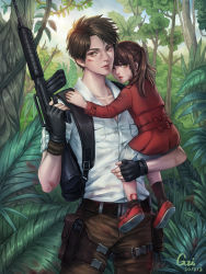 Rule 34 | 1boy, 1girl, absurdres, backpack, bag, belt, black bag, blood, brown belt, brown eyes, brown hair, brown pants, character request, child, collarbone, concept art, copyright request, dress, grey pants, gun, gzi (shiba-ko), highres, holding, holding gun, holding person, holding weapon, injury, jungle, long sleeves, looking at viewer, nature, outdoors, pants, pouch, red dress, red footwear, shirt, shirt tucked in, short hair, submachine gun, twintails, weapon, white shirt