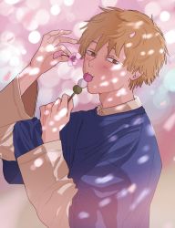Rule 34 | 1boy, adam&#039;s apple, blonde hair, blue shirt, blush, brown eyes, chainsaw man, cherry blossoms, denji (chainsaw man), eating, eyebrows, flower, food, hair between eyes, highres, holding, holding flower, holding food, jeoth03k, light blush, long sleeves, looking at viewer, male focus, oversized clothes, pale skin, petals, pink background, pink flower, shirt, short hair, sleeves past elbows, solo, solo focus
