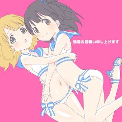 Rule 34 | 2girls, bad id, bad twitter id, bikini, black hair, blonde hair, blue eyes, brown eyes, commentary request, face-to-face, hand on another&#039;s waist, high heels, hug, idolmaster, idolmaster million live!, inactive account, legs up, looking at viewer, multiple girls, nakatani iku, navel, open mouth, pink background, sailor collar, sailor swimsuit (idolmaster), sandals, short hair, side ponytail, simple background, sketch, smile, sumitomo, suou momoko, swimsuit, toes, translation request, white bikini