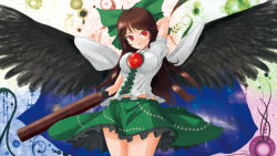 Rule 34 | 1girl, :o, arm cannon, black wings, blush, bow, breasts, brown hair, cape, feathered wings, hair bow, highres, long hair, open mouth, puffy short sleeves, puffy sleeves, red eyes, reiuji utsuho, ribbon, short sleeves, skirt, solo, sora (dankesehr), third eye, touhou, weapon, wings
