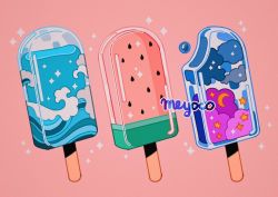 Rule 34 | artist name, bad id, bad instagram id, cloud, crescent moon, food, food focus, fruit, liquid, meyoco, moon, no humans, original, pink background, popsicle, simple background, sparkle, watermelon, watermelon bar, waves