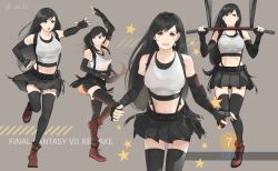 Rule 34 | 1girl, arm guards, bike shorts, black gloves, black hair, black shorts, black skirt, black thighhighs, blush, brown eyes, earrings, elbow gloves, fighting stance, final fantasy, final fantasy vii, final fantasy vii remake, fingerless gloves, gloves, highres, jewelry, long hair, looking at viewer, low-tied long hair, midriff, navel, pullups, red footwear, shillo, shirt, shorts, shorts under skirt, skirt, smile, square enix, standing, suspender skirt, suspenders, tank top, taut clothes, taut shirt, thighhighs, tifa lockhart, undershirt, white tank top
