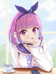 Rule 34 | 1girl, absurdres, blue hairband, bob cut, bow, choker, colored inner hair, cup, hairband, highres, hololive, looking at viewer, minato aqua, minato aqua (sailor), multicolored hair, phone, pink eyes, sailor collar, school uniform, short hair, simple background, solo, teacup, tongue, tongue out, virtual youtuber, zebt 2