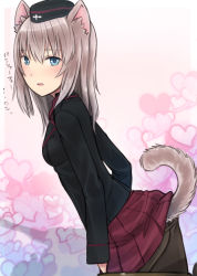 Rule 34 | 10s, 1girl, animal ears, bad id, bad pixiv id, black pantyhose, blue eyes, blush, clothes lift, dog ears, dog tail, from side, garrison cap, girls und panzer, grey hair, hat, heart, itsumi erika, jacket, kemonomimi mode, long hair, long sleeves, looking at viewer, looking back, military, military uniform, miniskirt, open mouth, pantyhose, pleated skirt, short hair, skirt, skirt lift, solo, tail, translated, umasanjin, uniform