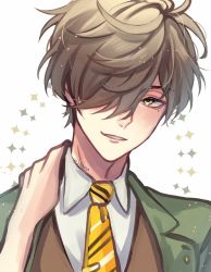 Rule 34 | 1boy, brown hair, brown vest, collared shirt, green eyes, green jacket, head tilt, highres, jacket, mole, mole under eye, necktie, nijisanji, oliver evans, one eye covered, parted lips, portrait, shirt, smile, solo, sparkle, szainx, twitter username, vest, virtual youtuber, white shirt, yellow necktie