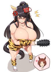 Rule 34 | anger vein, angry, animal ears, bandage on face, bandages, blush, breasts, cleavage, club, club (weapon), collarbone, cosplay, daien, ear covers, from above, geta, hair over shoulder, heart, highres, holding, holding clothes, horse ears, horse girl, horse tail, huge breasts, kanabou, lightning bolt symbol, mask, mask on head, muscular, muscular female, narita brian (umamusume), oni costume, oni mask, ponytail, sakura laurel (oni laurel) (umamusume), sakura laurel (umamusume), sakura laurel (umamusume) (cosplay), sandals, simple background, single ear cover, tail, trembling, umamusume, weapon, white background, zouri