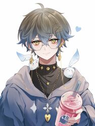 Rule 34 | 1boy, absurdres, anqing, black sweater, drink, drinking straw, earrings, glasses, grey hair, grey hoodie, heart, highres, holding, holding drink, hood, hoodie, ike eveland, incoming drink, jewelry, looking at viewer, necklace, nijisanji, nijisanji en, short hair, smile, solo, sweater, upper body, virtual youtuber, white background, yellow eyes