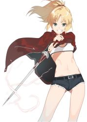 Rule 34 | 1girl, 2l (2lsize), blonde hair, clarent (fate), fate/apocrypha, fate (series), green eyes, grin, highres, long hair, mordred (fate), mordred (fate/apocrypha), mordred (memories at trifas) (fate), navel, ponytail, short shorts, shorts, smile, solo, sword, weapon