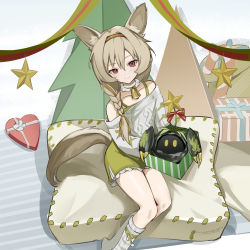 Rule 34 | 1girl, absurdres, animal ear fluff, animal ears, arknights, bare shoulders, beanstalk (arknights), beanstalk (gift uncompleted) (arknights), bell, box, braid, brown eyes, brown hair, candy, candy cane, christmas, christmas tree, closed mouth, collarbone, commentary request, dress, feet out of frame, feizao, food, gift, gift box, green dress, grey sweater, hair over shoulder, heart-shaped box, highres, long hair, metal crab (arknights), neck bell, off-shoulder sweater, off shoulder, single braid, sitting, sleeveless, sleeveless dress, smile, socks, solo, star (symbol), striped, sweater, tail, white socks
