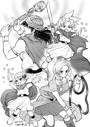 Rule 34 | 2boys, 2girls, belt, bianca (dq5), black hair, boots, bracelet, braid, braided ponytail, cape, child, choker, dated, defense zero, dragon quest, dragon quest v, dress, family, father and daughter, father and son, fighting stance, greyscale, hair ornament, hero&#039;s daughter (dq5), hero&#039;s son (dq5), hero (dq5), holding, holding staff, holding sword, holding weapon, holding whip, husband and wife, jewelry, long hair, magic, monochrome, mother and daughter, mother and son, multiple boys, multiple girls, ponytail, short hair, side ponytail, single braid, spiked hair, staff, sword, turban, weapon