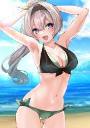 Rule 34 | 1girl, absurdres, arms behind head, beach, bikini, black hairband, blue pupils, blue sky, breasts, cleavage, cloud, commentary request, day, firefly (honkai: star rail), grey hair, hair between eyes, hairband, highres, honkai: star rail, honkai (series), horizon, long hair, looking at viewer, medium breasts, mismatched bikini, ocean, outdoors, ponytail, side-tie bikini bottom, sky, smile, solo, swimsuit, two-tone eyes, unyon bbunco
