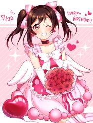 Rule 34 | 1girl, ;), artist name, artist request, balloon, bare shoulders, beriberi0707, berisuno (beriberi0707), black choker, black hair, blush, bouquet, bow, bowtie, breasts, choker, cleavage, collarbone, dress, dress bow, earrings, female focus, flat chest, flower, frilled shirt collar, frills, gloves, hair between eyes, hair bow, heart, heart balloon, highres, holding, holding bouquet, jewelry, lace, lace-trimmed gloves, lace trim, long hair, looking at viewer, love live!, love live! school idol festival, love live! school idol project, miniskirt, one eye closed, parted lips, pink background, pink bow, pink dress, pink legwear, pink skirt, plaid, plaid dress, plaid skirt, pleated, pleated dress, pleated skirt, pom pom (clothes), red bow, red dress, red eyes, red skirt, short hair, short twintails, skirt, small breasts, smile, solo, sparkle, striped background, striped legwear, teeth, twintails, two-tone skirt, vertical-striped legwear, white bow, white gloves, white wings, wings, wink, yazawa nico