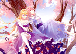 Rule 34 | 2girls, arm ribbon, augetsix, bare legs, bare shoulders, barefoot, blonde hair, blue sky, bow, breasts, cherry blossoms, cleavage, closed umbrella, cloud, collarbone, crossed legs, day, dissolving clothes, dress, elbow gloves, frilled dress, frilled kimono, frills, gap (touhou), gloves, grabbing another&#039;s hair, hair bow, hair ribbon, holding, holding hair, in tree, japanese clothes, kimono, lace, lace-trimmed gloves, lace-trimmed legwear, lace trim, leg up, legs, long hair, long sleeves, looking at another, multiple girls, no headwear, obi, perspective, pink eyes, pink hair, puffy short sleeves, puffy sleeves, purple dress, purple eyes, red eyes, ribbon, saigyouji yuyuko, sash, short hair, short sleeves, sitting, sitting in tree, sky, smile, thighhighs, thighs, touhou, tree, umbrella, very long hair, white gloves, white legwear, wind, yakumo yukari, yuri