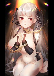 Rule 34 | 1girl, azur lane, barefoot, black gloves, black ribbon, blunt bangs, blush, bound, bound wrists, breasts, chain, chain leash, check commentary, cleavage, closed mouth, collar, commentary request, crying, crying with eyes open, detached collar, elbow gloves, fingerless gloves, formidable (azur lane), full body, garter belt, garter straps, gloves, hair ribbon, highres, kneeling, large breasts, leash, lips, long hair, looking away, looking to the side, midriff, navel, nipples, otomaro (rkhu8433), panties, pillarboxed, red eyes, restrained, ribbon, silver hair, skindentation, solo, tears, thighhighs, thighs, twintails, underwear, very long hair, white panties, white thighhighs