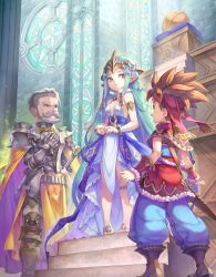 Rule 34 | 1girl, 2boys, absurdres, armlet, armor, breasts, brown hair, cape, cleavage, commentary, dress, facial hair, grey hair, haccan, headband, highres, jema (seiken densetsu), luca (seiken densetsu), multiple boys, mustache, official art, old, old man, pointy ears, purple eyes, randi (seiken densetsu 2), seiken densetsu, seiken densetsu 2, smile, square enix, stained glass, tiara