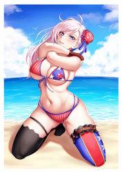 Rule 34 | 1girl, absurdres, american flag bikini, american flag print, asymmetrical hair, beach, bikini, black thighhighs, blue eyes, blue ribbon, blush, boots, breasts, brown gloves, cloud, day, fate/grand order, fate (series), fingerless gloves, flag print, front-tie bikini top, front-tie top, full body, gloves, hair bun, highres, kneeling, large breasts, long hair, looking at viewer, miyamoto musashi (fate), miyamoto musashi (fate/grand order), miyamoto musashi (swimsuit berserker) (fate), miyamoto musashi (swimsuit berserker) (second ascension) (fate), multi-strapped bikini, navel, ocean, outdoors, parted lips, pink hair, print bikini, ribbon, self hug, single hair bun, single thigh boot, single thighhigh, skindentation, smile, solo, swept bangs, swimsuit, thigh boots, thigh strap, thighhighs, underboob, water, xiao gen