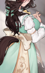 1girl absurdres alternate_breast_size alternate_costume bespectacled blush breasts brown_hair closed_mouth commentary_request dress glasses green_dress hermityy highres horse_girl horse_tail large_breasts long_hair long_sleeves looking_at_viewer rice_shower_(umamusume) smile solo tail umamusume