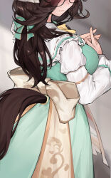 1girl absurdres alternate_breast_size alternate_costume bespectacled blush breasts brown_hair closed_mouth commentary_request dress glasses green_dress hermityy highres horse_girl horse_tail large_breasts long_hair long_sleeves looking_at_viewer rice_shower_(umamusume) rice_shower_(yummy_dreamy_fairy)_(umamusume) smile solo tail umamusume