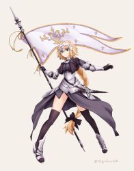 Rule 34 | 1girl, armor, armored boots, armored dress, black gloves, black thighhighs, blonde hair, blue eyes, boots, braid, breasts, brown background, closed mouth, commentary request, dress, fate/grand order, fate (series), flag, gauntlets, gloves, headpiece, holding, holding flag, jeanne d&#039;arc (fate), jeanne d&#039;arc (ruler) (fate), long hair, medium breasts, panikuru yuuto, purple dress, simple background, single braid, smile, solo, standing, thighhighs, twitter username, very long hair, white flag