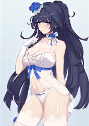 Rule 34 | 1girl, babydoll, bare shoulders, benghuai xueyuan, black hair, blue background, blue bow, blue eyes, blush, bow, bow panties, braid, breasts, bright pupils, cleavage, contrapposto, cowboy shot, evan yang, finger to mouth, flower, gloves, hair flower, hair ornament, halterneck, hand up, highres, honkai (series), index finger raised, large breasts, lingerie, long hair, looking at viewer, navel, panties, parted lips, ponytail, raiden mei, raiden mei (valkyrie bladestrike), ribbon-trimmed panties, ribbon trim, see-through, side braid, sidelocks, simple background, solo, standing, thighhighs, tsurime, underwear, very long hair, white gloves, white panties, white pupils, white thighhighs