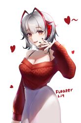 Rule 34 | 1girl, :d, alternate costume, antennae, arknights, artist name, bare shoulders, black nails, bra strap, breasts, choker, cleavage, commentary request, cowboy shot, dated, floater (floater80012059), grey hair, highres, horns, long sleeves, looking at viewer, medium breasts, nail polish, off-shoulder sweater, off shoulder, open mouth, partial commentary, red choker, red eyes, red sweater, short hair, signature, simple background, skirt, smile, solo, standing, sweater, w (arknights), white background, white skirt