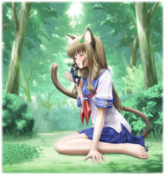 Rule 34 | 1boy, 1girl, animal ears, barefoot, blush, border, brown hair, cat ears, cat girl, cat tail, closed eyes, clover, eichikei (hakuto), fading border, feet, four-leaf clover, height difference, hetero, imminent kiss, kiss, long hair, mini person, miniboy, mouse boy, mouse ears, mouse tail, mouseboy, original, school uniform, serafuku, short hair, sitting, size difference, tail, toes, tree, wariza