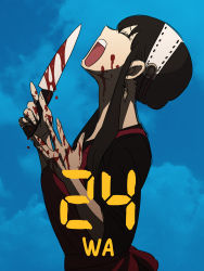 Rule 34 | 1girl, absurdres, black hair, blood, blood on face, blood on hands, bloody knife, blue background, closed eyes, earrings, endou tatsuya, from side, hairband, highres, holding, holding knife, jewelry, kitchen knife, knife, open mouth, sidelocks, solo, spy x family, upper body, white hairband, yor briar