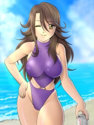 Rule 34 | 00s, 1girl, alcohol, bare shoulders, beach, beer, beer can, breasts, brown hair, can, casual one-piece swimsuit, cloud, cowboy shot, curvy, day, drink can, facing viewer, gundam, gundam 00, hand on own hip, haru (hall), highleg, highleg swimsuit, hip focus, impossible clothes, impossible swimsuit, long hair, looking at viewer, o-ring, o-ring swimsuit, ocean, one-piece swimsuit, one eye closed, outdoors, purple one-piece swimsuit, skindentation, sky, smile, solo, standing, sumeragi lee noriega, swimsuit, wide hips, wink, yellow eyes