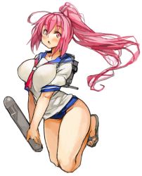 Rule 34 | 10s, 1girl, blush, breasts, huge breasts, i-168 (kancolle), kantai collection, long hair, looking at viewer, one-piece swimsuit, parted lips, perky breasts, pink eyes, pink hair, ponytail, sachito, sandals, school swimsuit, school uniform, serafuku, simple background, solo, swimsuit, torpedo, white background