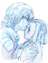 Rule 34 | 10s, 1boy, 1girl, barnaby brooks jr., braid, braided bangs, color trace, colored pencil (medium), eyelashes, closed eyes, glasses, hands on shoulders, hetero, jacket, kaburagi kaede, kiss, kissing forehead, nishida asako, own hands clasped, own hands together, partially colored, profile, short hair, side ponytail, spot color, tears, tiger &amp; bunny, traditional media