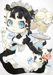 Rule 34 | 1girl, a a2001214, apron, bell, black dress, black hair, blue eyes, bottle, braid, commentary request, cow, dress, english text, fake horns, food, highres, holding, holding plate, horns, ice cream, looking at viewer, maid apron, maid headdress, medium hair, milk, milk bottle, neck bell, nintendo, octoling, octoling girl, octoling player character, open mouth, parted lips, plate, simple background, solo, splatoon (series), tentacle hair, white background