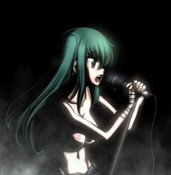 Rule 34 | 00s, 1girl, bandages, breasts, commentary, green hair, hatsune miku, highres, large breasts, long hair, microphone, microphone stand, music, muutya, navel, nipples, open mouth, singing, solo, standing, topless, twintails, vocaloid