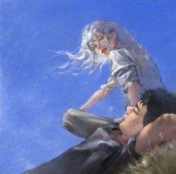 Rule 34 | 2boys, aizheajsee, arms behind back, berserk, black hair, black tank top, blue eyes, blue sky, closed eyes, closed mouth, commentary, commentary request, grass, griffith (berserk), guts (berserk), highres, long hair, looking at viewer, lying, male focus, mouth hold, multiple boys, on grass, parted lips, shirt, short hair, short sleeves, sitting, sky, sleeping, smile, spiked hair, stalk in mouth, tank top, white hair, white shirt