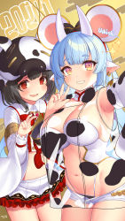 Rule 34 | 2girls, animal ears, animal hood, armpits, bare shoulders, black hair, blue hair, breasts, choker, cleavage, cosplay, costume switch, cow ears, cow hood, cow print sleeves, cowboy shot, crop top, detached sleeves, fake animal ears, frilled skirt, frills, granblue fantasy, grin, hairband, highres, hood, horns, kuro chairo no neko, large breasts, long hair, long sleeves, looking at viewer, micro shorts, midriff, miniskirt, mouse ears, multiple girls, navel, open fly, open mouth, outstretched arm, purple eyes, red eyes, see-through, selfie, catura (granblue fantasy), shirt, short hair, shorts, sidelocks, skirt, sleeveless, sleeveless shirt, smile, stomach, thighs, v, vikala (granblue fantasy), white shirt, white shorts, white skirt, wide sleeves