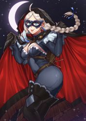 Rule 34 | 1girl, ahoge, ass, bag, black cape, black footwear, black gloves, blue bodysuit, blue eyes, bodysuit, boots, braid, breasts, cape, chain, chest harness, cleavage, commission, commissioner upload, crescent moon, earrings, feathers, fire emblem, fire emblem fates, fire emblem heroes, gem, gloves, gold chain, harness, highres, hiomaika, holding, holding cape, holding clothes, hood, hooded cape, jewelry, key, keyring, leather bag, leather belt, looking at viewer, low twintails, mask, medium breasts, moon, night, night sky, nina (fire emblem), nintendo, non-web source, o-ring, parted bangs, red cape, ribbon, satchel, skin tight, sky, smile, thigh boots, tongue, tongue out, turtleneck, twin braids, twintails, two-tone bodysuit, two-tone cape, white hair