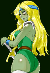 Rule 34 | 1990s (style), 1girl, 6rinne, ass, belt, blonde hair, breasts, celes chere, colored skin, female focus, final fantasy, final fantasy vi, green skin, grey eyes, headband, leotard, long hair, monster girl, retro artstyle, shoulder pads, simple background, solo, status ailment, sword, weapon, wristband, zombie, zombie status