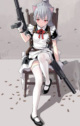 Rule 34 | 1girl, animal ears, apron, black footwear, blush, cat ears, chair, closed mouth, feiqizi (fkey), fkey, frilled apron, frills, gloves, grey hair, gun, handgun, holding, holding gun, holding weapon, holster, holstered, indoors, long hair, looking at viewer, maid, maid apron, mary janes, original, ponytail, puffy short sleeves, puffy sleeves, red eyes, red neckwear, red ribbon, ribbon, shadow, shell casing, shoes, short sleeves, signature, sitting, smoke, smoking barrel, solo, thighhighs, wall, weapon, white apron, white gloves, white thighhighs