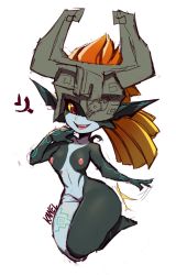 Rule 34 | 1girl, artist name, breasts, collarbone, colored nipples, colored sclera, colored skin, female focus, green nipples, helmet, highres, kanel, legs together, looking at viewer, midna, multicolored hair, multicolored skin, navel, neon trim, nintendo, nipples, nude, one eye covered, orange hair, parted lips, pointy ears, ponytail, pussy, red eyes, small breasts, smile, solo, the legend of zelda, the legend of zelda: twilight princess, thighs, two-tone hair, two-tone skin, yellow sclera