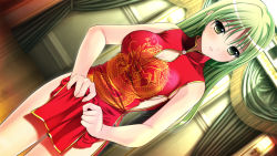 Rule 34 | 1girl, breasts, china dress, chinese clothes, clothes lift, dress, dress lift, game cg, green hair, indoors, long hair, mole, sergei (pattundo), solo, tagme