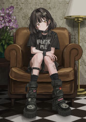 1girl absurdres black_footwear black_hair black_nails black_skirt blush boots bracelet checkered_floor closed_mouth clothes_writing collar couch cross cross_necklace earrings flower fuck-me_shirt gishiki_(gshk) hair_ornament hairclip head_tilt hexagram highres indoors jewelry lamp looking_at_viewer meme_attire miniskirt nail_polish necklace on_couch original purple_flower shirt short_hair_with_long_locks short_sleeves skirt socks spiked_bracelet spikes star_(symbol) star_of_david t-shirt tattoo vase yellow_eyes