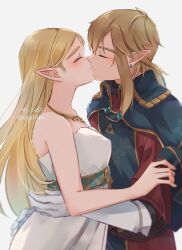 Rule 34 | 1boy, 1girl, bare arms, bare shoulders, blonde hair, blush, breasts, brown hair, dress, earrings, facing another, from side, gloves, grey background, hetero, highres, jewelry, kiss, large breasts, link, necklace, nintendo, official alternate costume, pointy ears, ponytail, princess zelda, seri (yuukasakura), simple background, smile, the legend of zelda, the legend of zelda: breath of the wild, white dress, white gloves