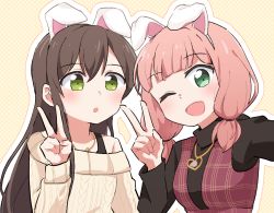 Rule 34 | 2girls, :o, ;d, animal ears, bang dream!, black hair, black shirt, blunt bangs, blush, dress, fake animal ears, green eyes, gyaheung, hair tie, hanazono tae, heart, heart necklace, jewelry, long sleeves, looking at another, looking at viewer, low twintails, multiple girls, necklace, one eye closed, open mouth, outline, pinafore dress, pink hair, plaid, plaid dress, polka dot, polka dot background, rabbit ears, red dress, selfie, shirt, sleeveless dress, smile, sweater, twintails, uehara himari, upper body, v, white outline, yellow background, yellow sweater