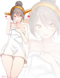 Rule 34 | 10s, 1girl, :d, alternate costume, alternate hairstyle, bare arms, bare shoulders, black hair, gluteal fold, hair between eyes, hair bun, hairband, haruna (kancolle), heart, highres, kantai collection, looking to the side, naked towel, open mouth, single hair bun, smile, solo, tebi (tbd11), thigh gap, towel, white towel, yellow eyes, zoom layer