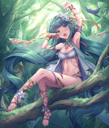 Rule 34 | 1girl, absurdres, bad id, bad pixiv id, bird, bracelet, breasts, fairy wings, floating hair, flower, green hair, green theme, hair flower, hair ornament, hand up, highres, in tree, jewelry, long hair, looking at viewer, medium breasts, navel, necklace, open mouth, original, pointy ears, sandals, shichigatsu, sitting, sitting in tree, solo, stretching, tears, tree, very long hair, white flower, wings, wiping face, yawning