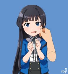 Rule 34 | 1girl, black hair, black skirt, blue background, blue cardigan, blue eyes, buttons, cardigan, cheek pinching, clenched hands, commentary, cropped arms, dot nose, green ribbon, hands up, highres, idolmaster, idolmaster million live!, idolmaster million live! theater days, light blush, long hair, long sleeves, looking at viewer, mogami shizuka, open mouth, pinching, ribbon, rogi0615, shirt, skirt, solo, upper body, white shirt