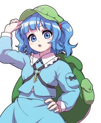 Rule 34 | 1girl, arm up, backpack, bag, blue eyes, blue hair, blue skirt, blush stickers, hair bobbles, hair ornament, hand on own hip, hat, holding, holding clothes, holding hat, itani illust, kawashiro nitori, key, long sleeves, looking at viewer, open mouth, shirt, simple background, skirt, solo, touhou, two side up, white background