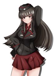 Rule 34 | 1girl, aged down, arm behind head, arm up, black eyes, black hair, black hat, black jacket, blunt bangs, clipboard, closed mouth, commentary, dress shirt, frown, garrison cap, girls und panzer, hand on own hip, hat, highres, holding, holding clipboard, insignia, jacket, kuromorimine military uniform, long hair, long sleeves, looking at viewer, meiya, military, military hat, military uniform, miniskirt, nishizumi shiho, pleated skirt, red shirt, red skirt, shadow, shirt, simple background, skirt, solo, standing, straight hair, textless version, uniform, white background, wing collar